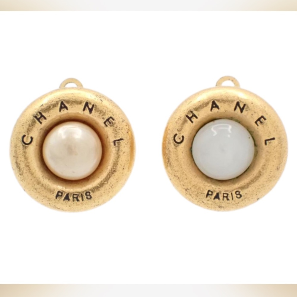 CHANEL Gold and Faux Pearl Button Earrings